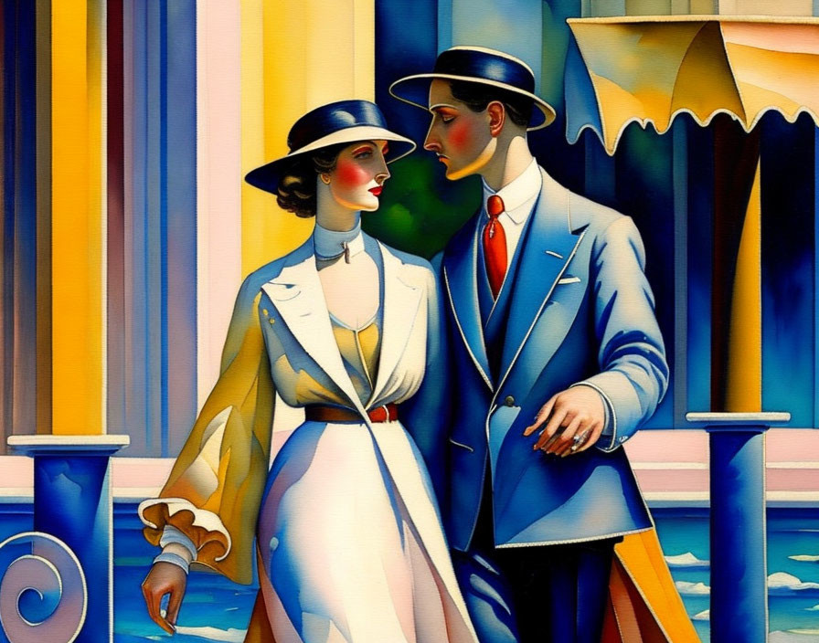 Stylized illustration of elegantly dressed couple in early 20th century fashion