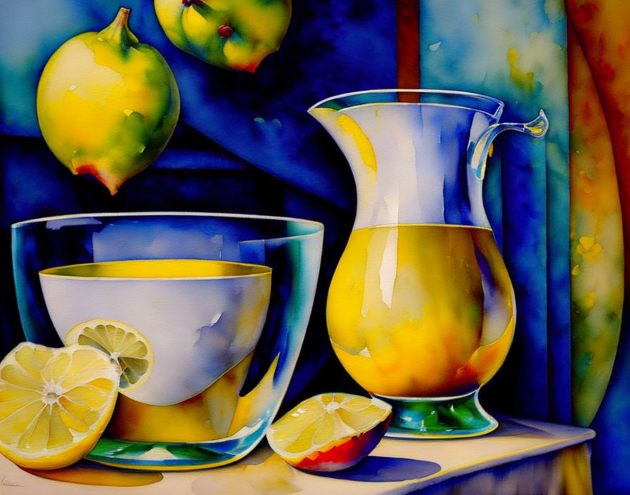 Colorful watercolor painting of bowl and pitcher with lemons on blue background