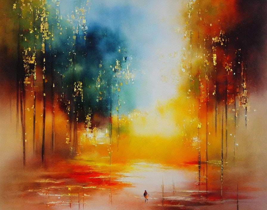 Colorful Watercolor Painting of Solitary Figure in Abstract Forest