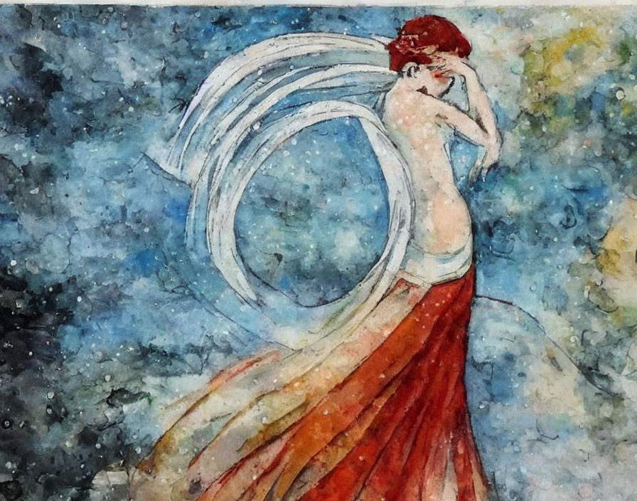 Woman in Red Dress with White Shawl Watercolor Painting