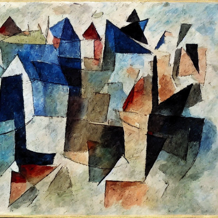 Abstract Cubist Painting: Interlocking Blue, White, Red, Brown Shapes