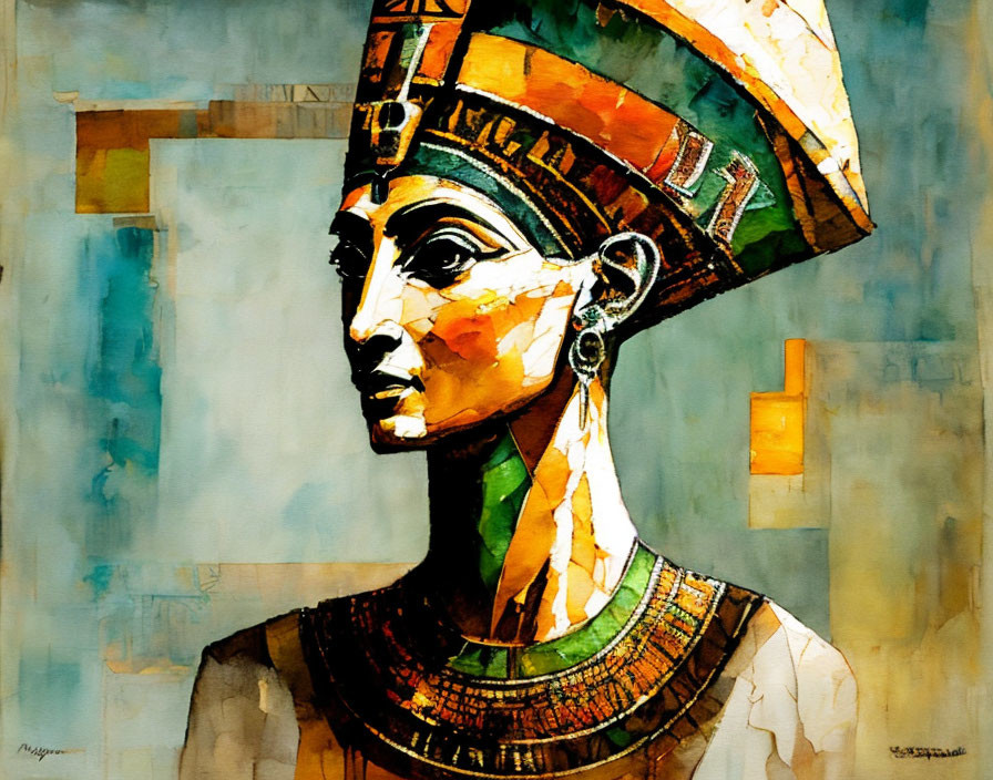 Vibrant Egyptian queen profile in cubist abstract painting