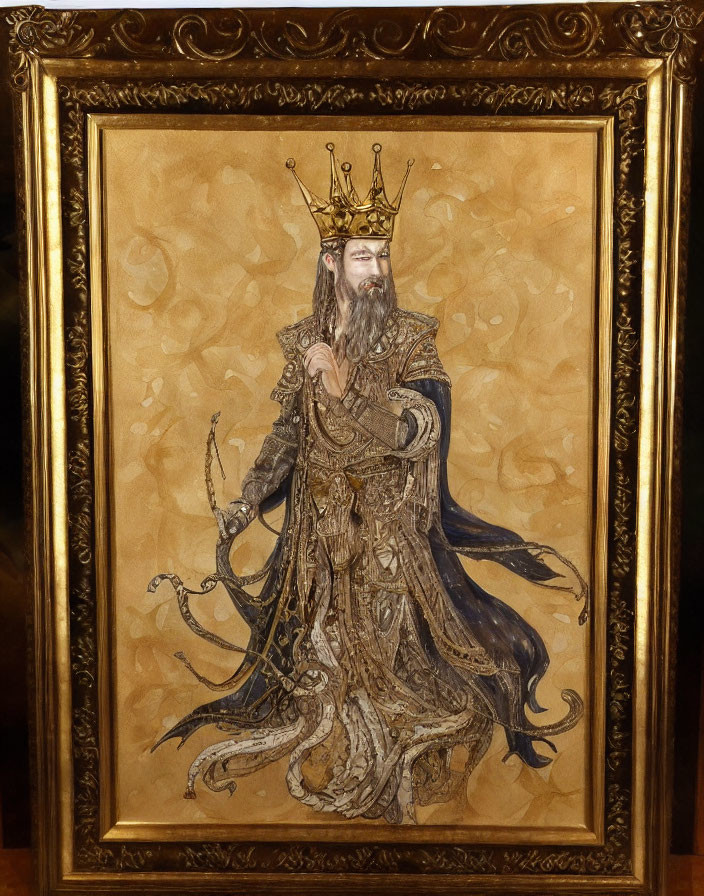 Regal bearded figure in traditional-style painting with crown and scepter