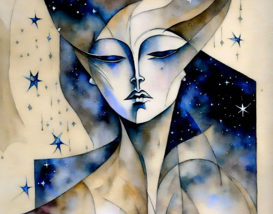 Ethereal female figure in watercolor with celestial motifs