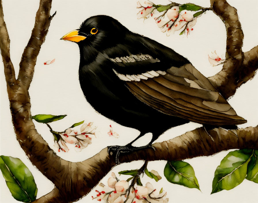 Blackbird with Yellow Beak on Blooming Branch with Pink and White Flowers