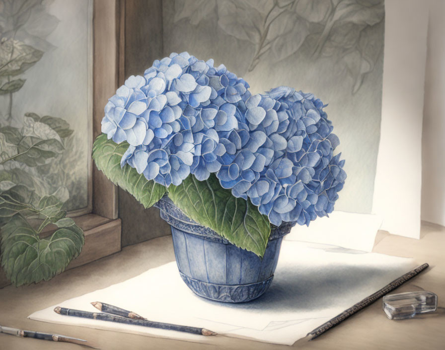 Blue hydrangea in ceramic pot with sketching pencils and sharpeners on table by window.