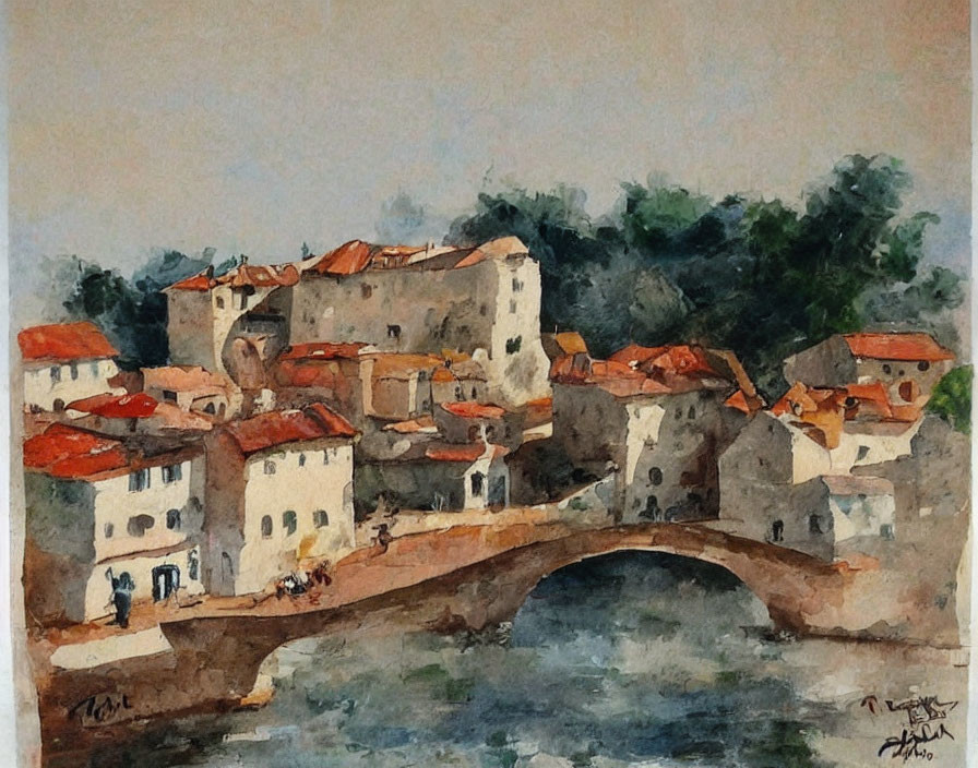 Quaint old town watercolor: stone buildings, red roofs, bridge, river, figures.