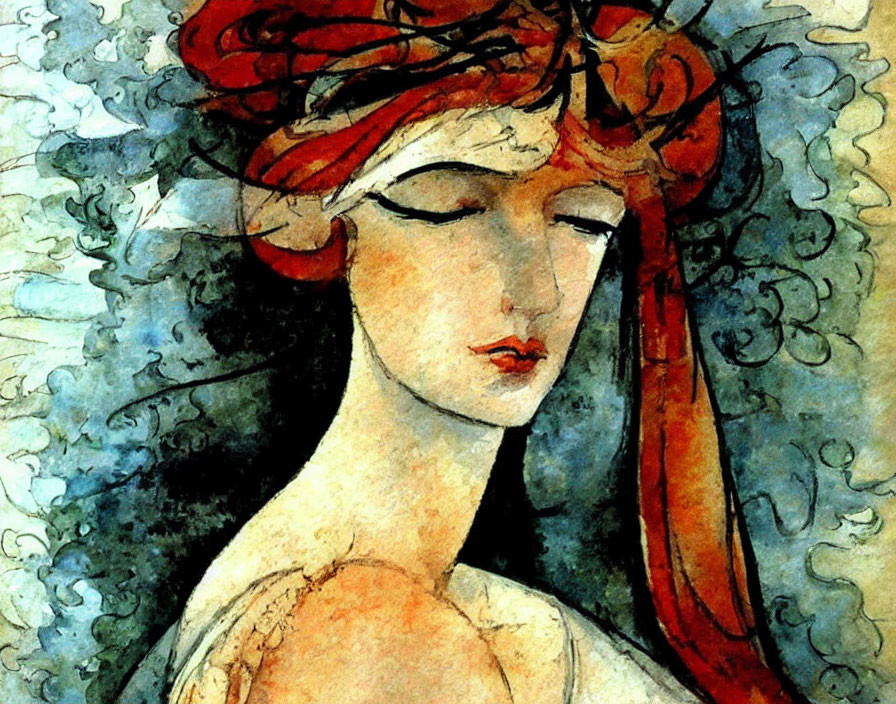 Abstract painting of woman with red hair in melancholic expression