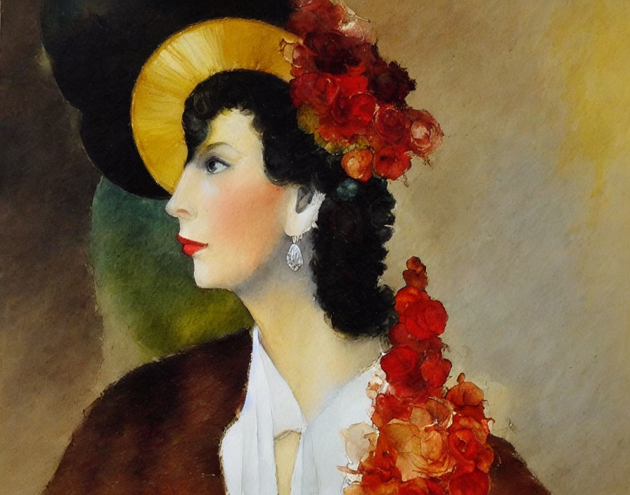 Woman in Stylish Hat with Floral Adornments in Watercolor