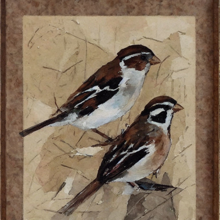 Sparrows on Branches in Brown-Toned Watercolor