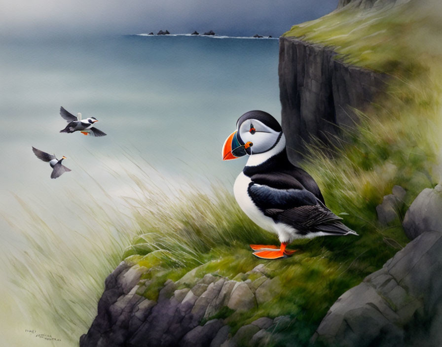 Puffin overlooking sea with two in flight on grassy cliff