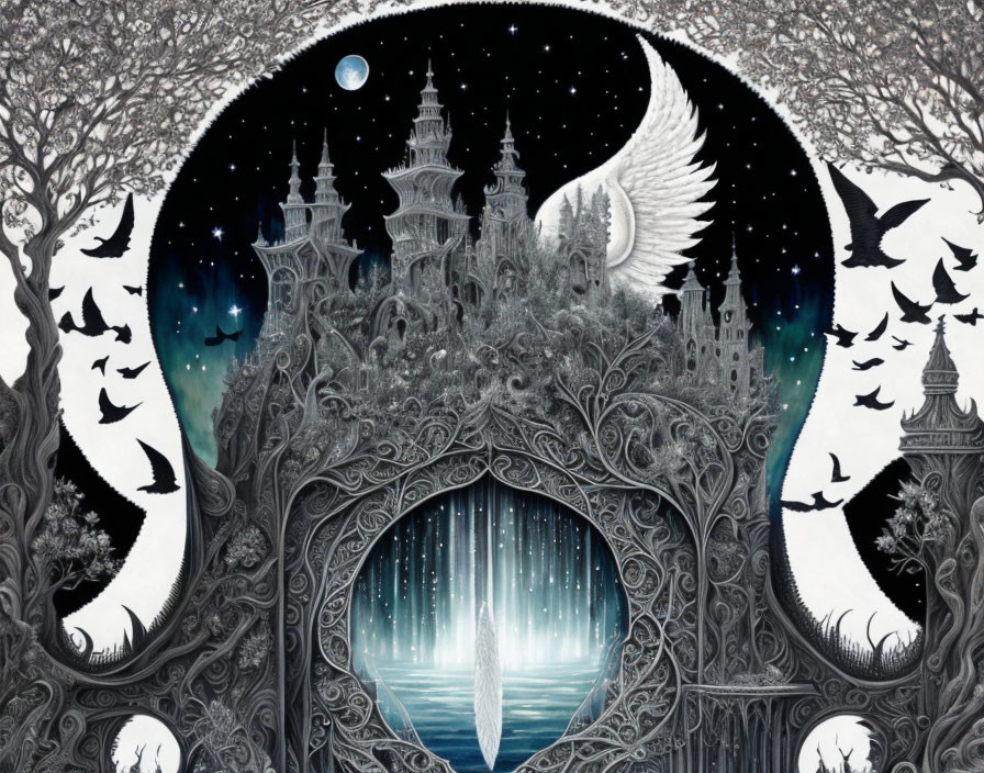 Monochrome illustration of castle, bats, moonlit sky, mystical gateway, and radiant path