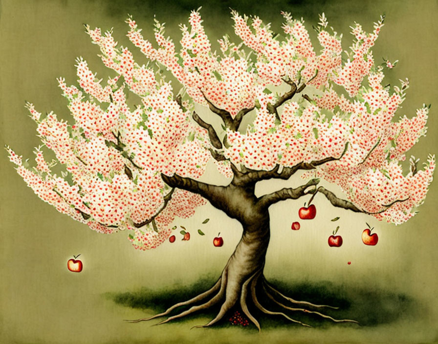 Lush tree illustration with twisted trunk, pink blossoms, and red apples on green background