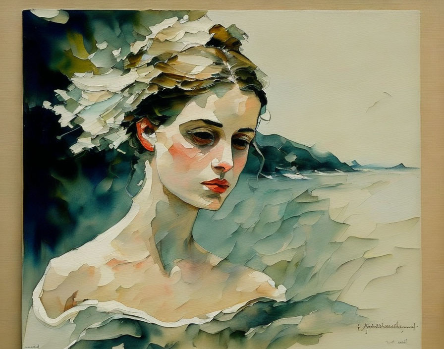 Watercolor painting of contemplative woman with floral hair in abstract background.