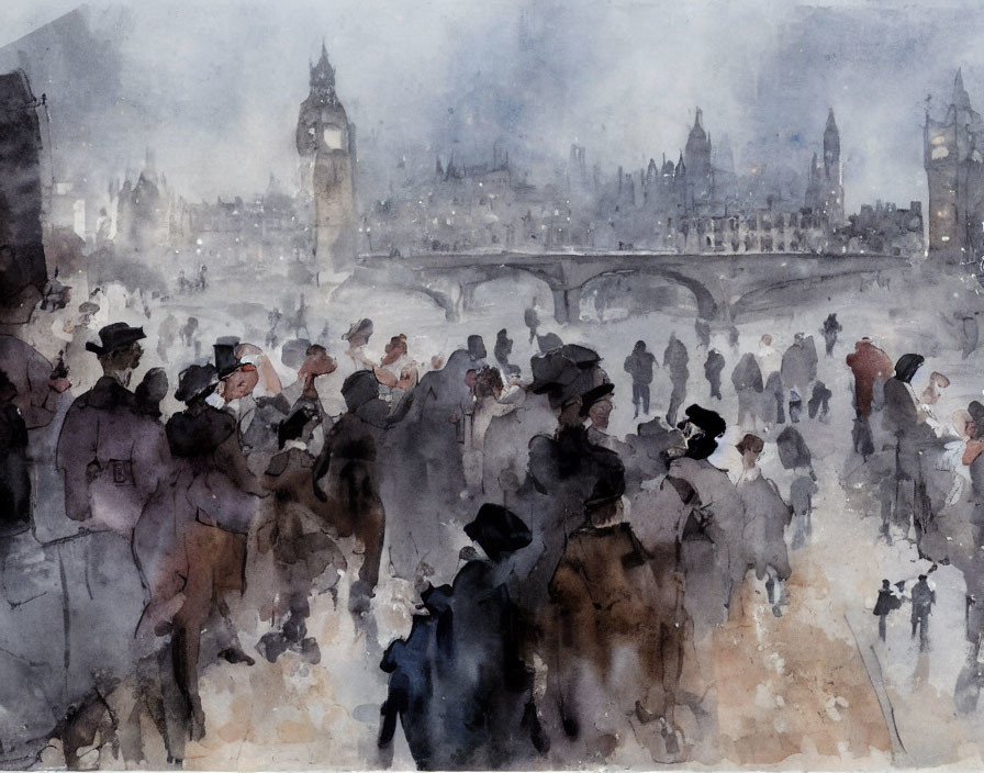 Victorian-era Watercolor Painting of Big Ben and Bridge