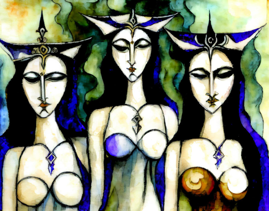 Three regal female figures with ornate headpieces and distinctive makeup against colorful abstract backdrop