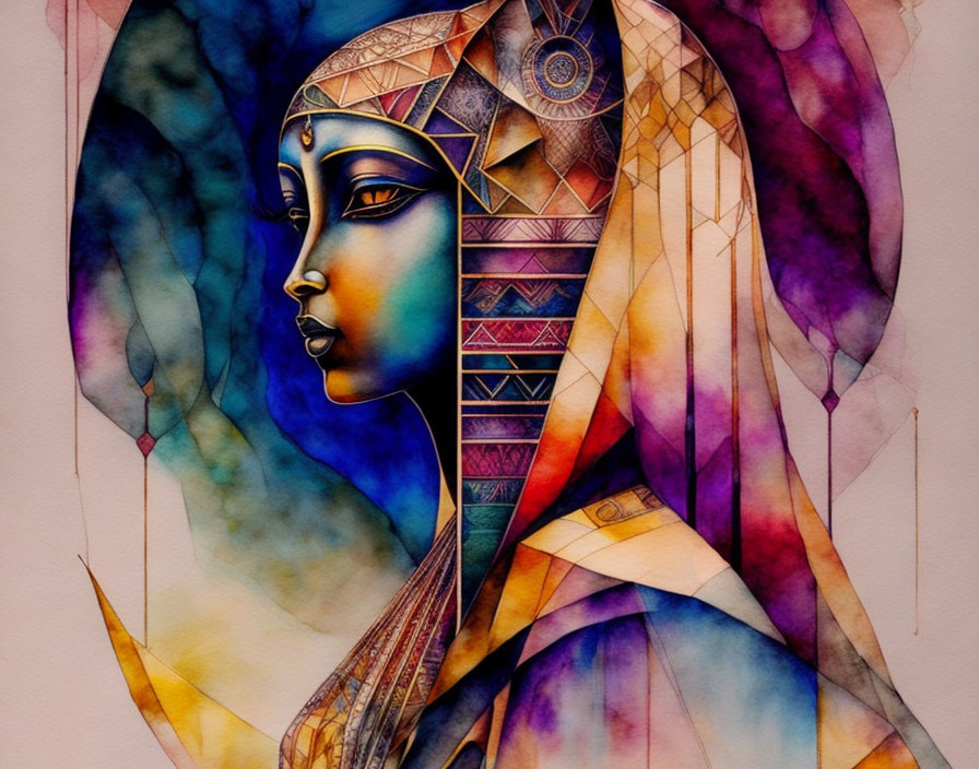 Vibrant watercolor portrait of a woman in Egyptian headdress with geometric patterns