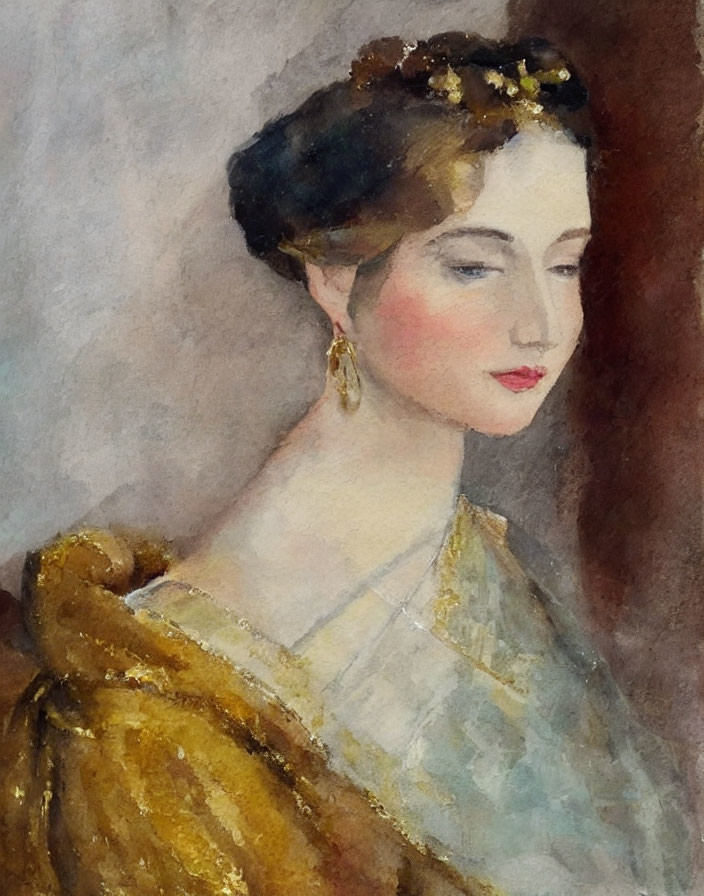 Portrait of a woman in golden dress with contemplative gaze