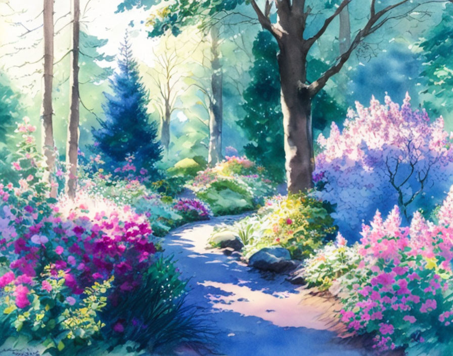 Tranquil watercolor painting of lush garden path with pink flowers and green trees