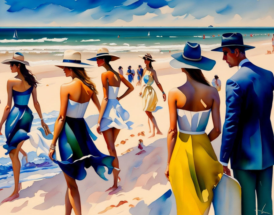 Stylized painting of people in elegant attire on sunny beach