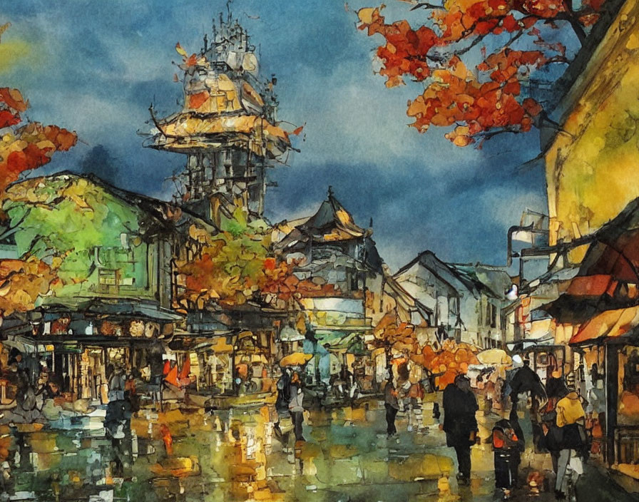 Colorful watercolor painting: bustling street with umbrellas, traditional architecture, autumn foliage, rainy sky