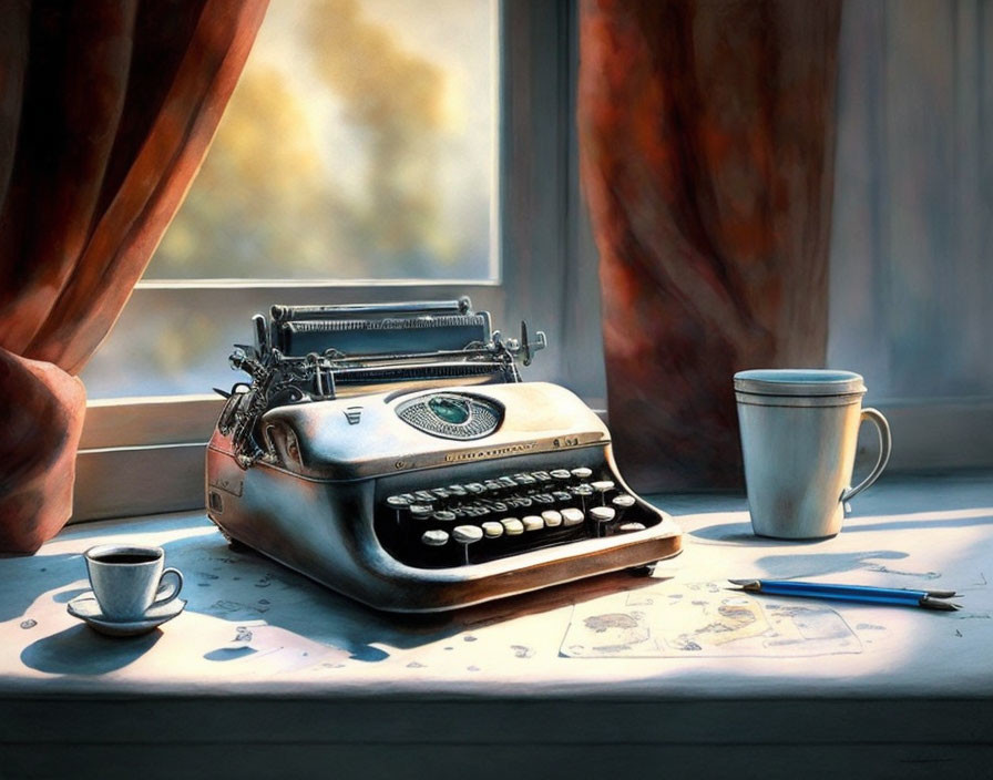 Vintage Typewriter on Wooden Desk with Coffee Cup and Papers by Window