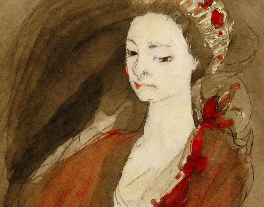 Woman in Red Headpiece: Vintage Watercolor Painting with Earthy Tones