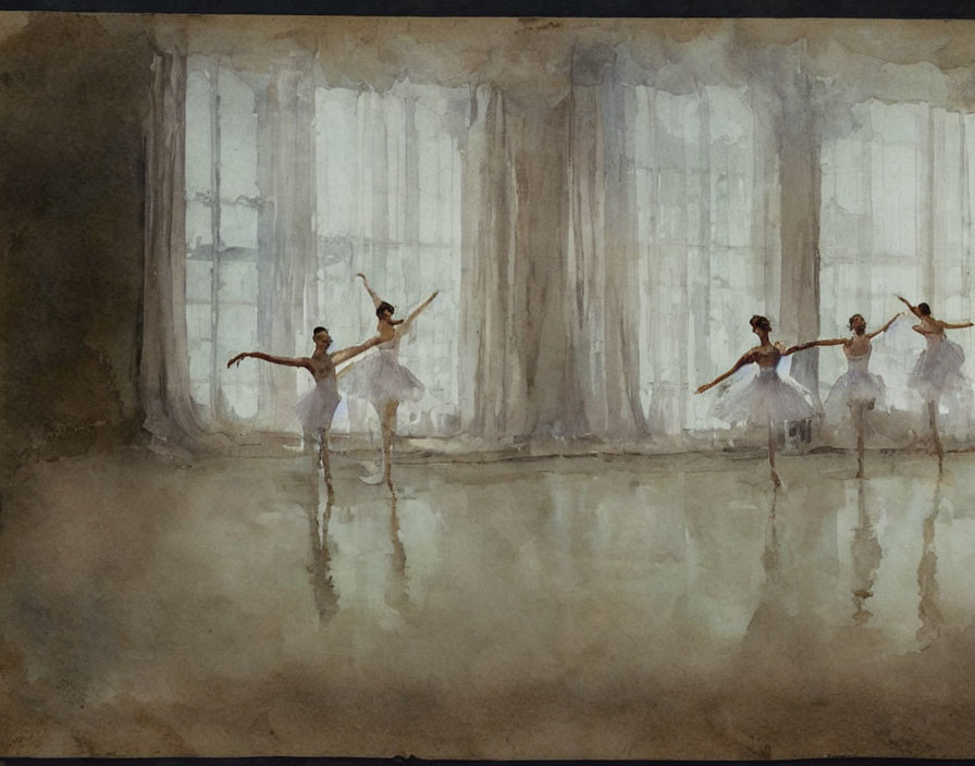 Ethereal watercolor painting: Ballet dancers in studio with light reflections