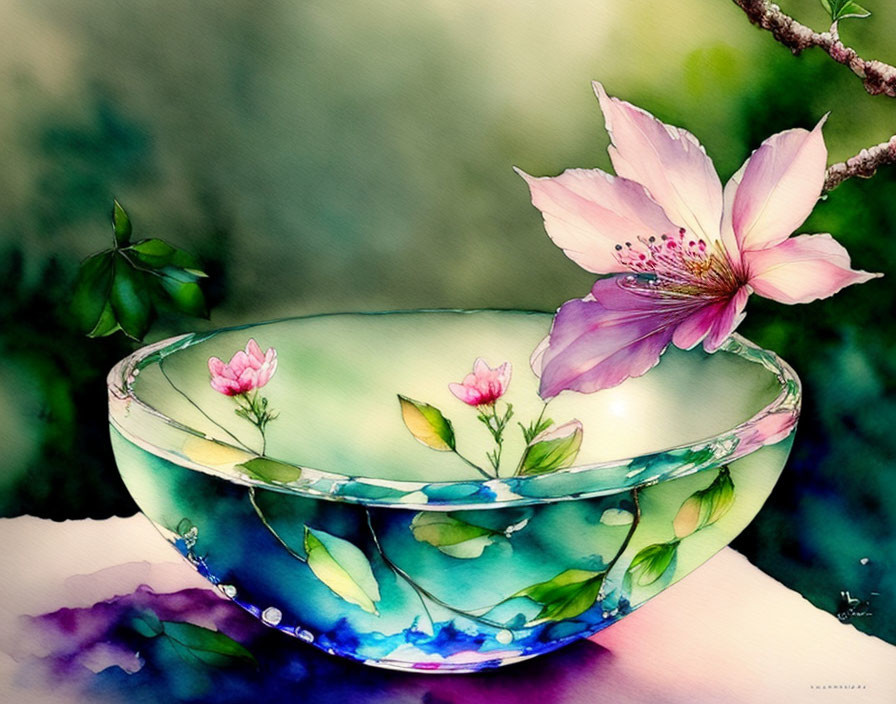 Translucent bowl with water and delicate flowers in watercolor