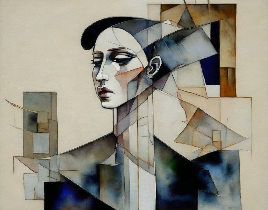 Abstract portrait with geometric shapes and muted colors in cubism and modern art style