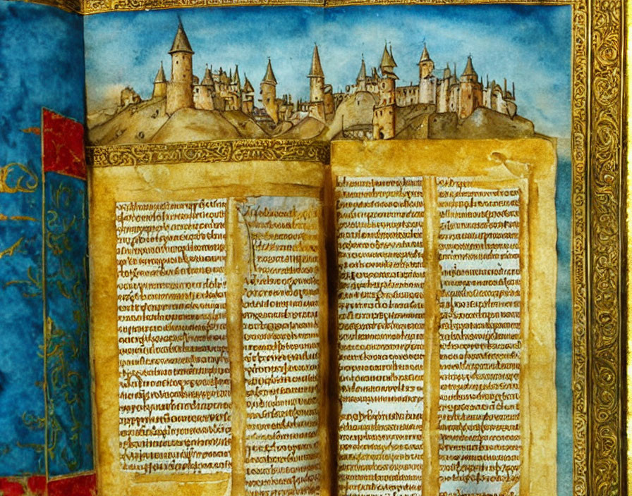 Medieval Manuscript with Illuminated Text and Castle Scene