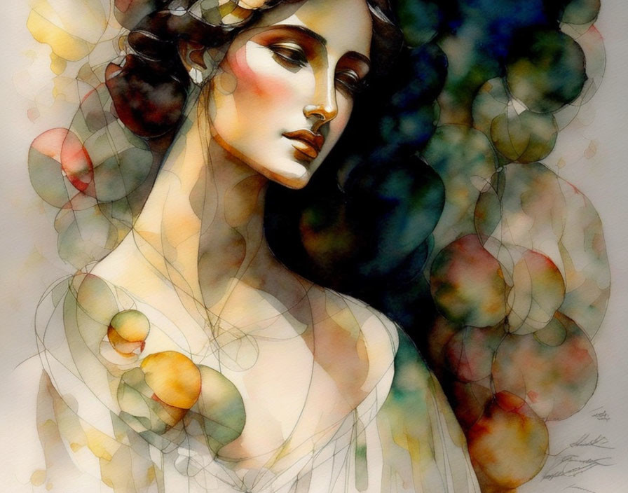 Ethereal watercolor portrait of serene woman amidst colorful orbs