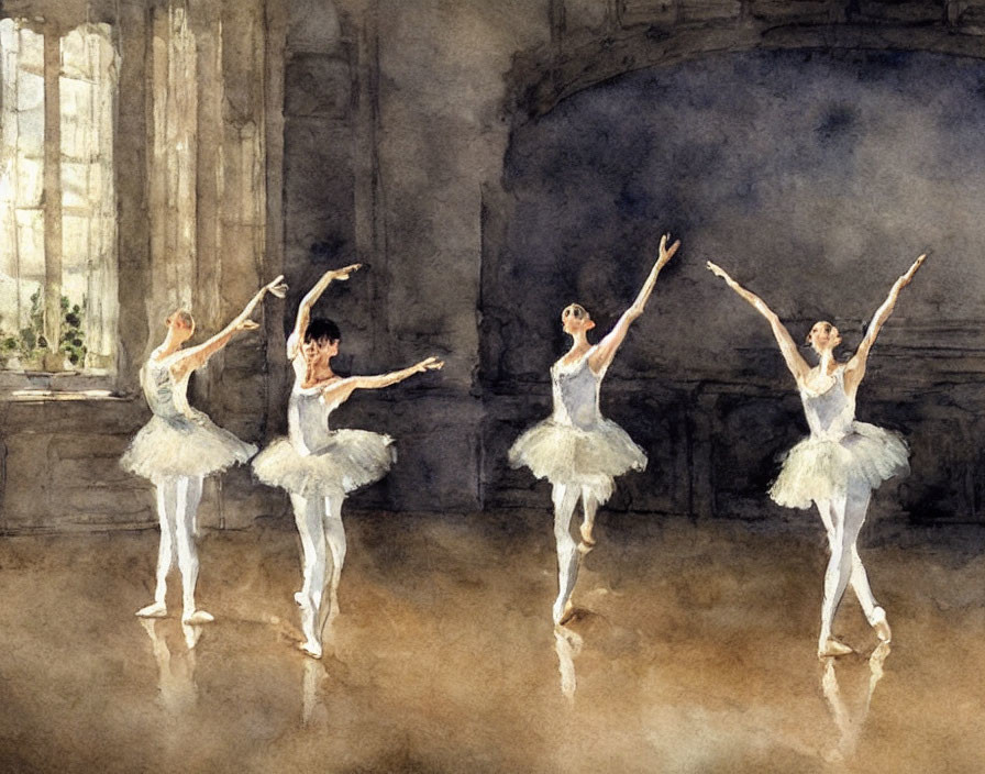 Four ballerinas in a studio with light streaming through windows