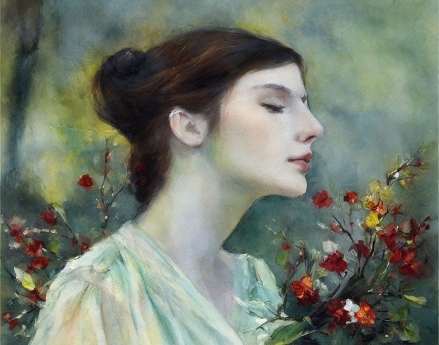 Woman in updo hairstyle and pastel dress against green foliage and red flowers