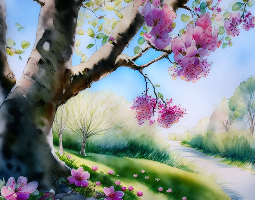 Lush Pathway Watercolor Painting with Pink Flowers