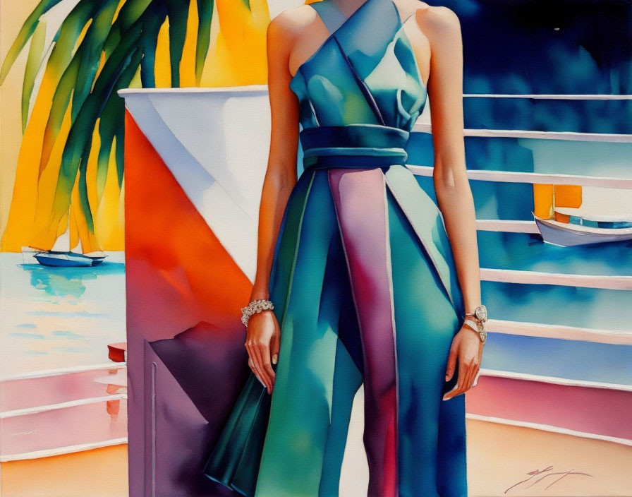 Colorful painting of woman in multicolored dress by seaside with boats and palm trees