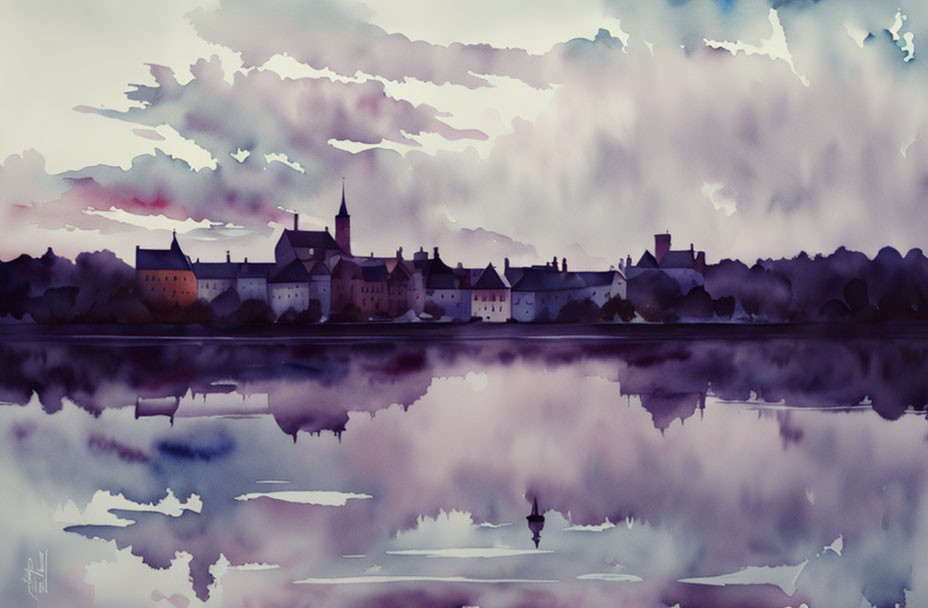 Tranquil town scene with mirrored reflections and solitary figure