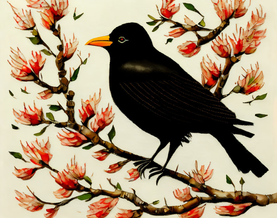 Stylized black bird with vibrant yellow beak perched on branch among pink blossoms