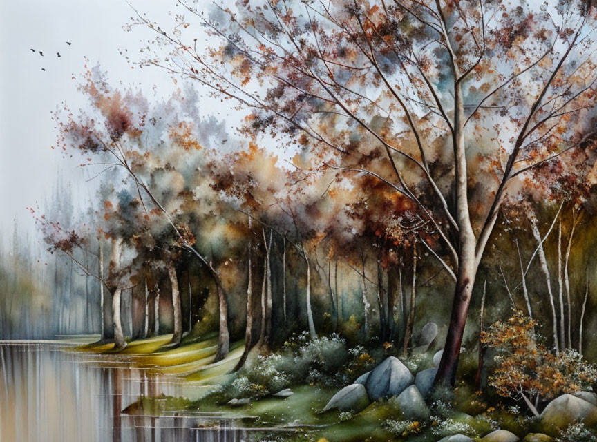 Tranquil watercolor painting of serene forest with autumn trees and lake reflections