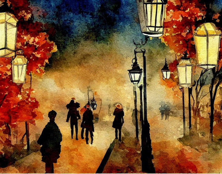 Silhouetted Figures Walking Under Street Lamps in Watercolor