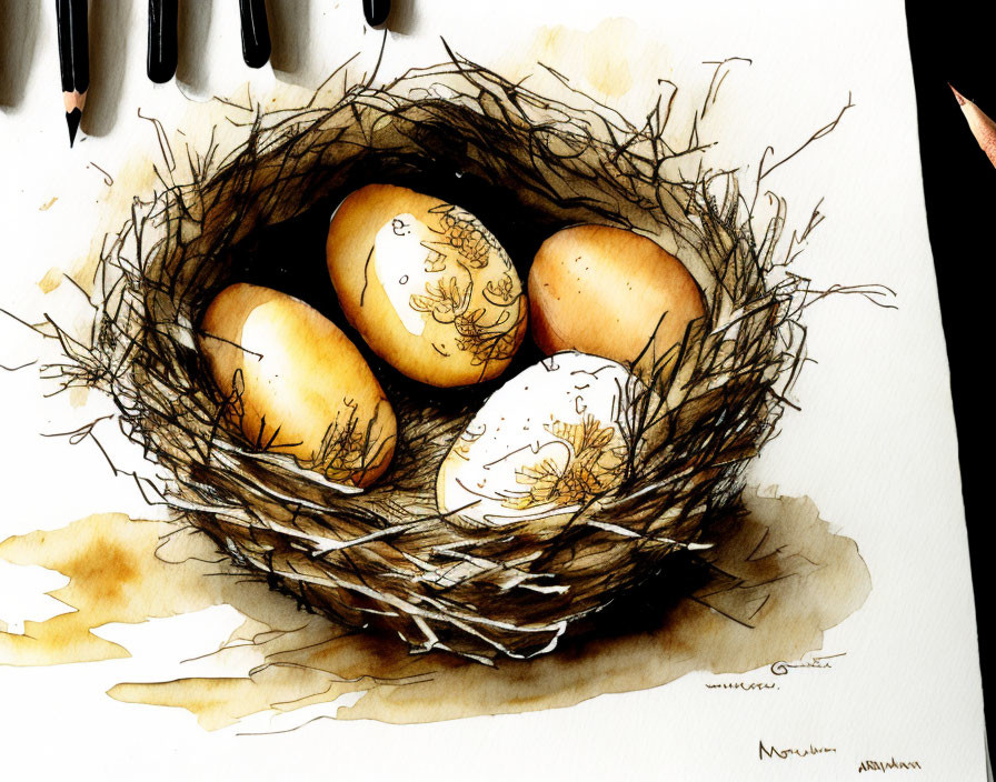 Decorated Eggs in Sketched Bird's Nest with Pencils and Pens