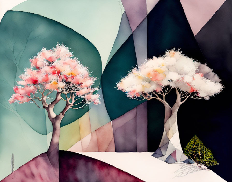 Stylized watercolor painting of pink blossomed trees on abstract geometric background