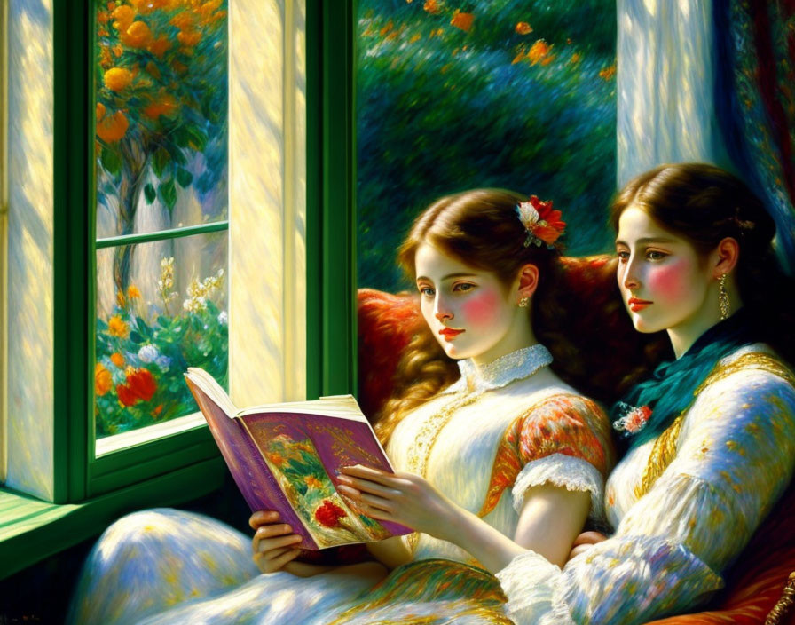 Vintage-clad women reading and admiring by sunny window with floral backdrop