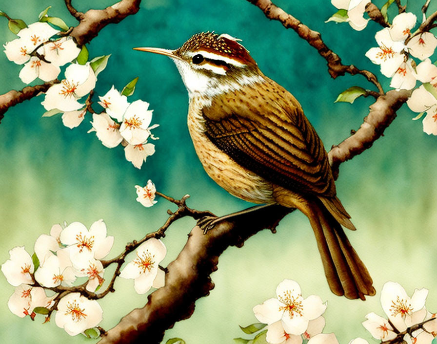 Colorful Bird Perched on Branch with White Flowers on Teal Background