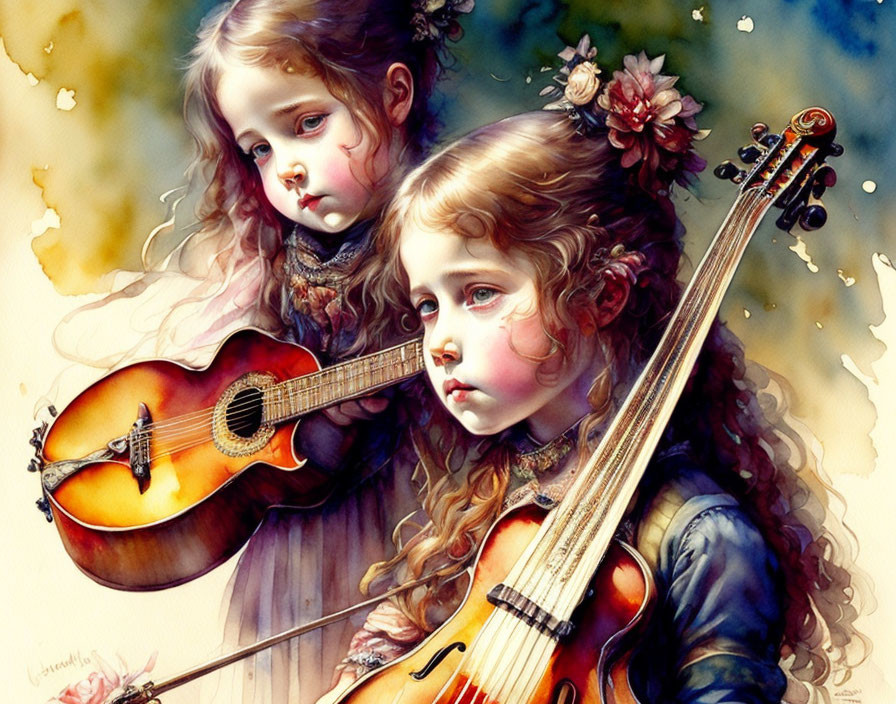 Two solemn girls with guitar in vibrant watercolor style