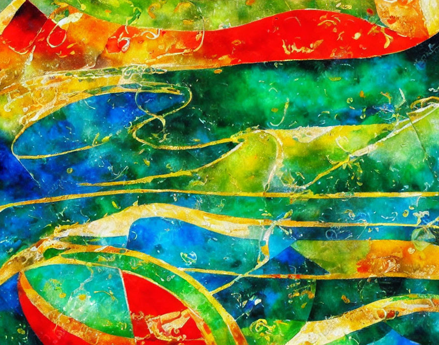 Colorful Abstract Painting with Red, Green, Blue Hues and Golden Accents