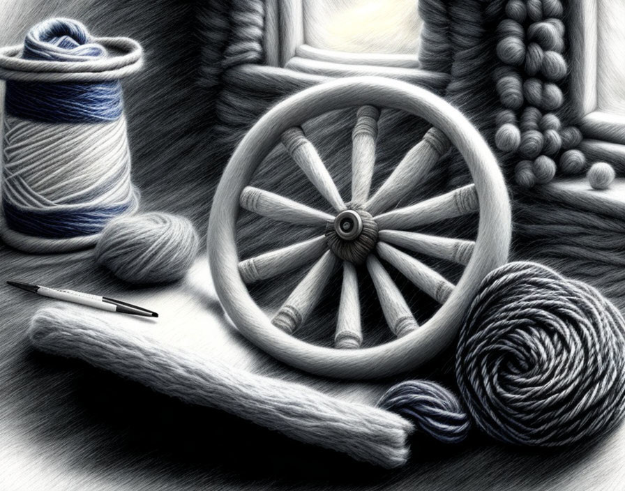 Monochrome drawing of knitting accessories: yarn balls, spindle, needles, spinning wheel