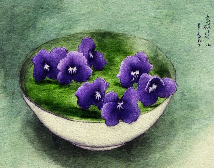 Purple flowers in white bowl watercolor painting on green background with Asian script.