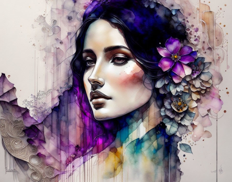 Colorful Watercolor Floral Woman Profile Illustration