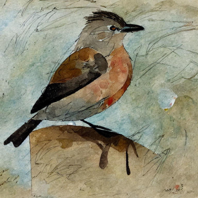 Bird Watercolor Painting with Brown, Black, and White Feathers